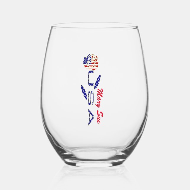 USA Flag Rose Red Personalised  Stemless Wine Glass (Front)
