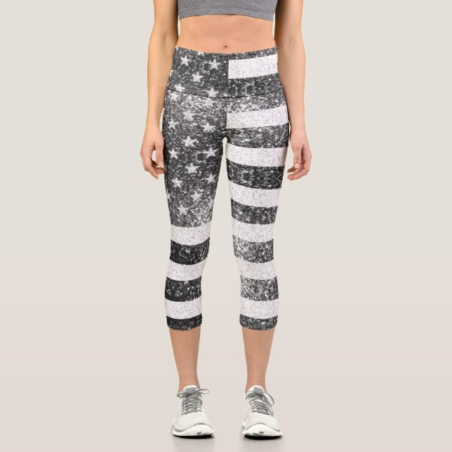 USA flag Rustic Black White Silver Sparkles Capri Leggings (Front)