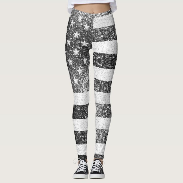 USA flag Rustic black white Sparkle bling 4th July Leggings (Front)