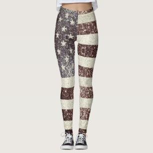 USA flag Rustic Red Gold Blue Sparkles America Leggings