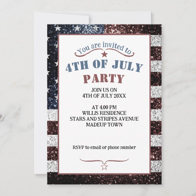 USA flag rustic red white blue sparkles 4th July Invitation (Front)