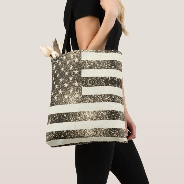 USA flag rustic sepia gold faux sparkles glitter Tote Bag (Close Up)