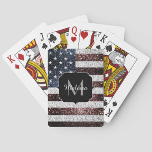 USA flag rustic sparkles glitters Monogram Playing Cards