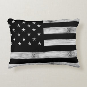 USA flag Rustic Wood Black White Patriotic America Decorative Cushion