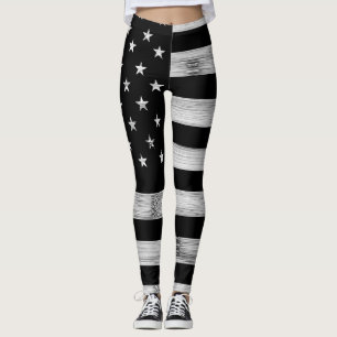 USA flag Rustic Wood Black White Patriotic America Leggings