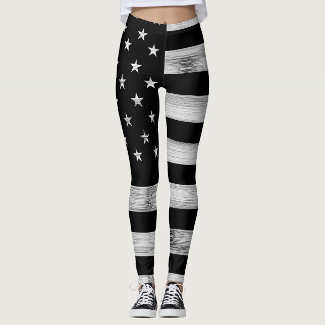 USA flag Rustic Wood Black White Patriotic America Leggings (Front)