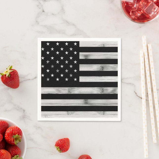 USA flag Rustic Wood Black White Patriotic America Napkin (Insitu)