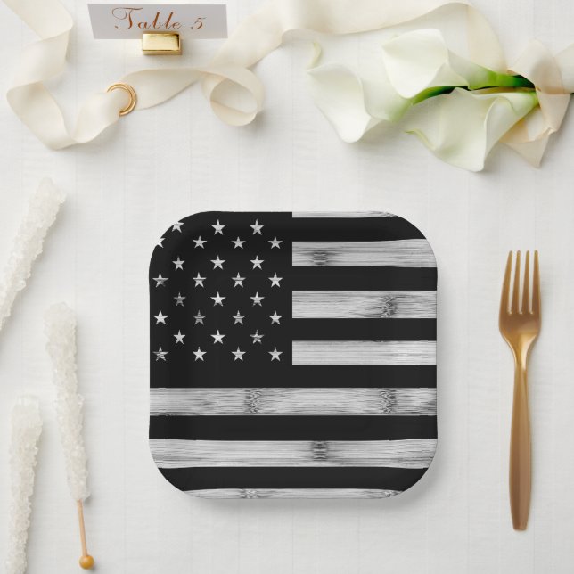 USA flag Rustic Wood Black White Patriotic America Paper Plate (Wedding)