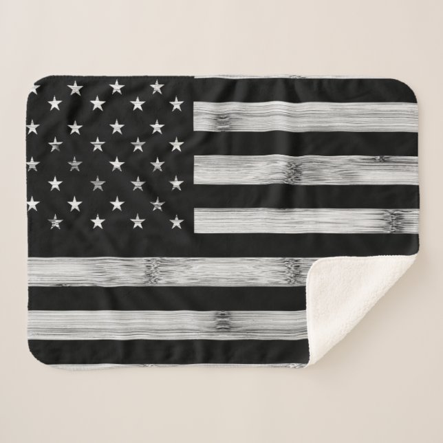 USA flag Rustic Wood Black White Patriotic America Sherpa Blanket (Front (Horizontal))