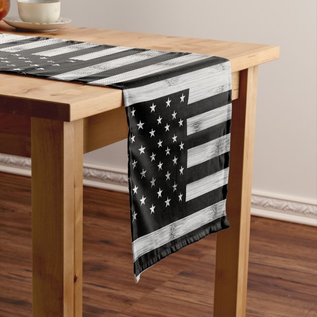 USA flag Rustic Wood Black White Patriotic America Short Table Runner (In Situ)
