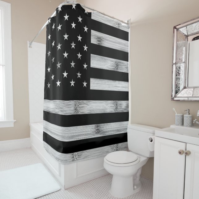 USA flag Rustic Wood Black White Patriotic America Shower Curtain (In Situ)