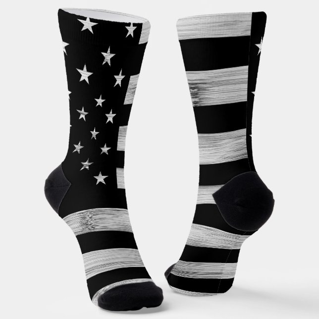 USA flag Rustic Wood Black White Patriotic America Socks (Angled)