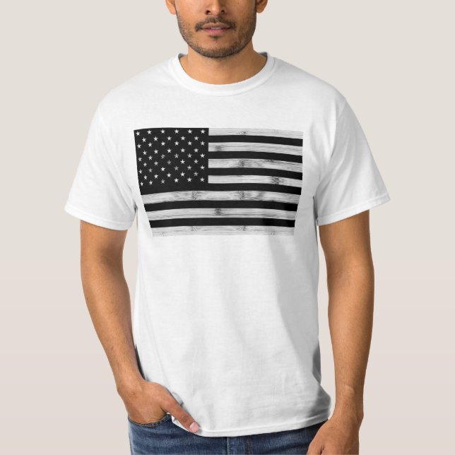 USA flag Rustic Wood Black White Patriotic America T-Shirt (Front)