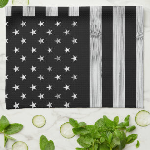 USA flag Rustic Wood Black White Patriotic America Tea Towel