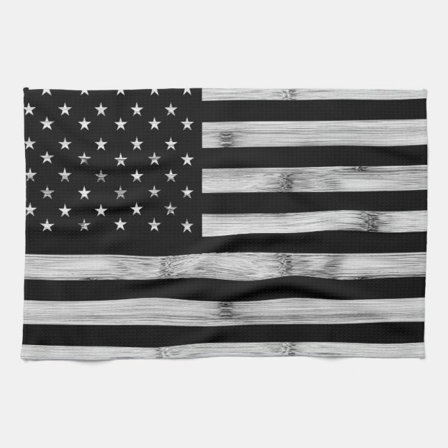 USA flag Rustic Wood Black White Patriotic America Tea Towel (Horizontal)