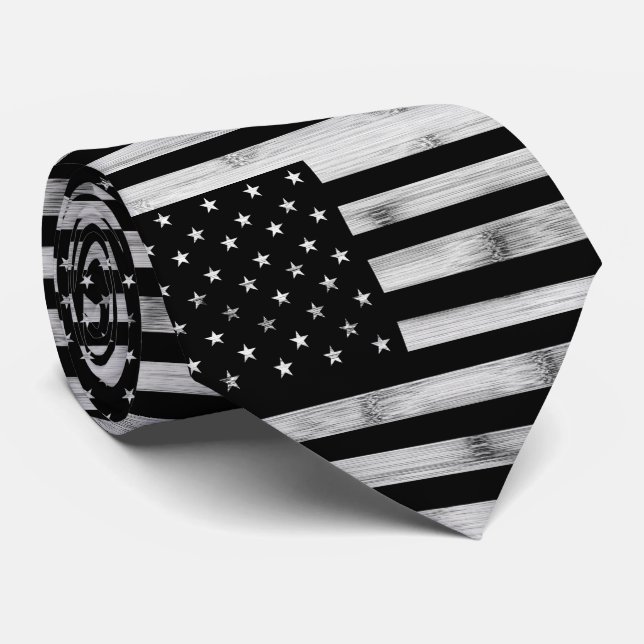 USA flag Rustic Wood Black White Patriotic America Tie (Rolled)