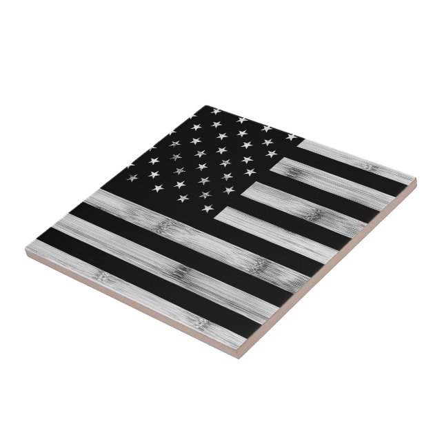 USA flag Rustic Wood Black White Patriotic America Tile (Side)