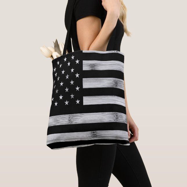 USA flag Rustic Wood Black White Patriotic America Tote Bag (Close Up)