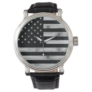 USA flag Rustic Wood Black White Patriotic America Watch
