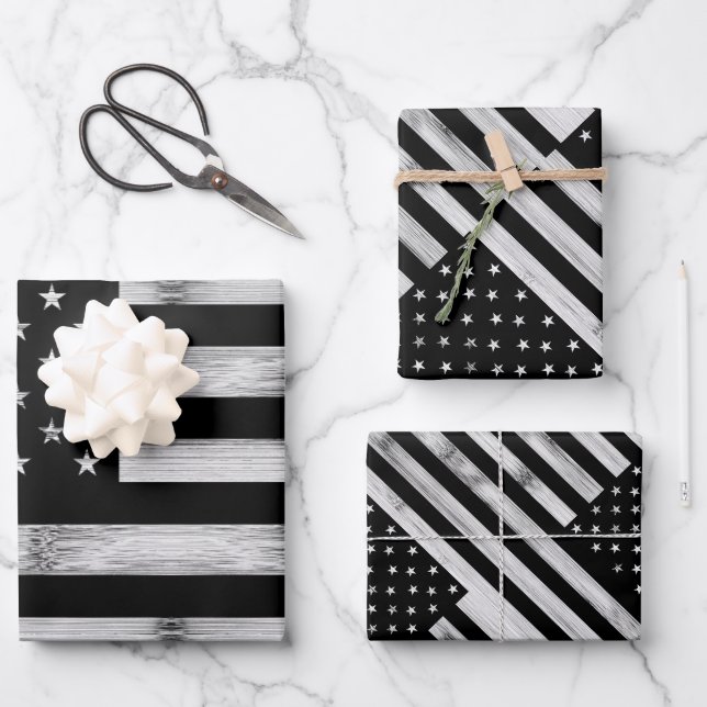 USA flag Rustic Wood Black White Patriotic America Wrapping Paper Sheet (Front)
