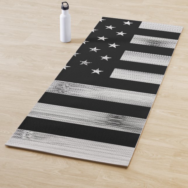 USA flag Rustic Wood Black White Patriotic America Yoga Mat (In Situ)
