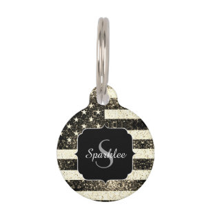 USA flag sepia gold sparkles Monogram Pet Tag