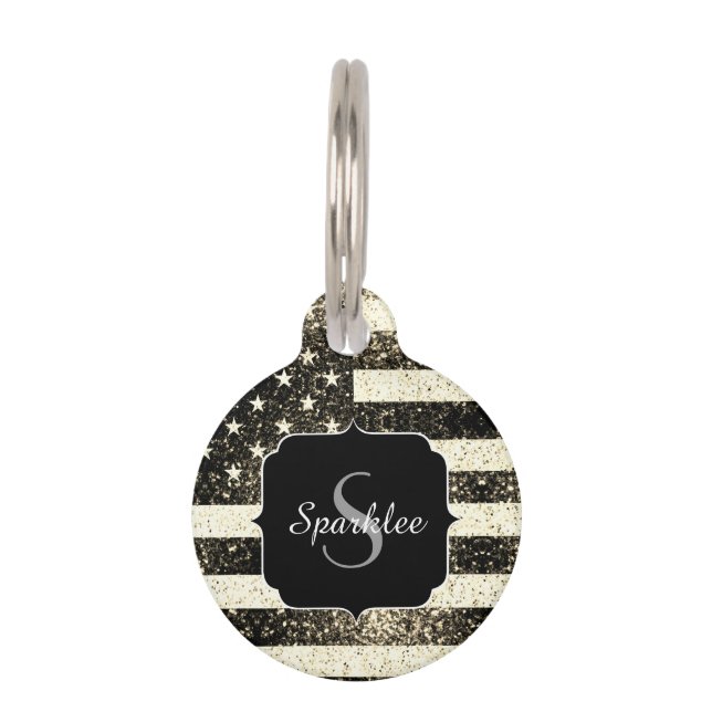 USA flag sepia gold sparkles Monogram Pet Tag (Front)