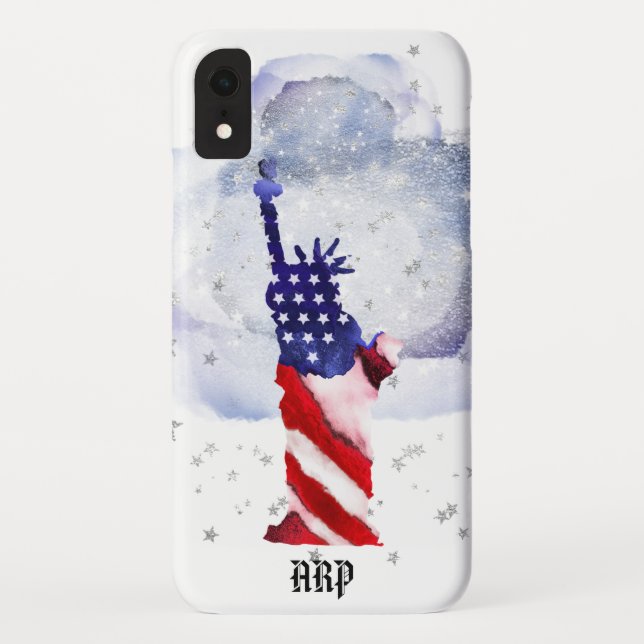 *~* USA Flag Silver Stars Clouds Statue of Liberty Case-Mate iPhone Case (Back)