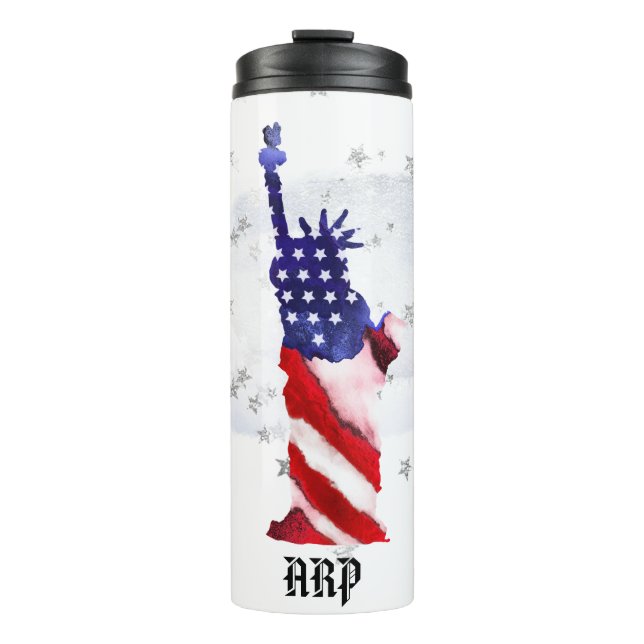 *~* USA Flag Silver Stars Clouds Statue of Liberty Thermal Tumbler (Front)
