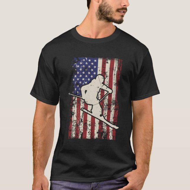 Usa Flag Ski Long Sleeve Tshirt Skiing Skiier Tee (Front)