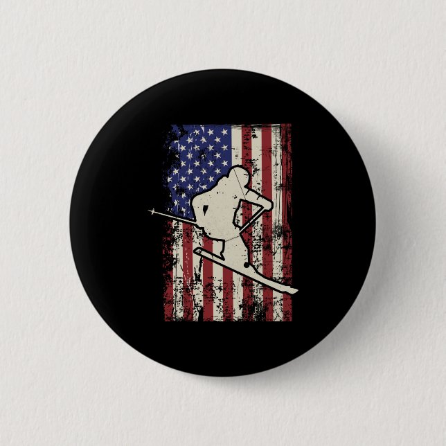 Usa Flag Ski Skiing &amp; Skiier Long Sleeve  6 Cm Round Badge (Front)