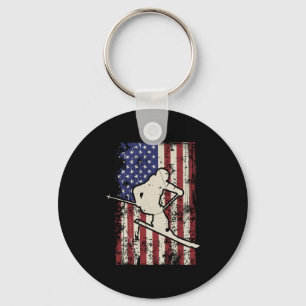 Usa Flag Ski Skiing & Skiier Long Sleeve Key Ring