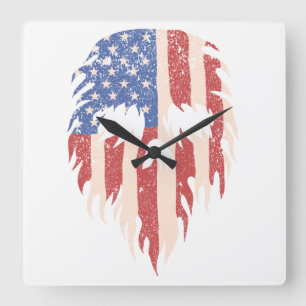 USA Flag Skull Beard   Distressed Patriotic Design Square Wall Clock