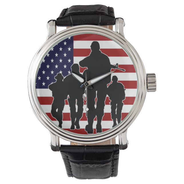 USA Flag Soldiers Silhouette Wrist Watch (Front)