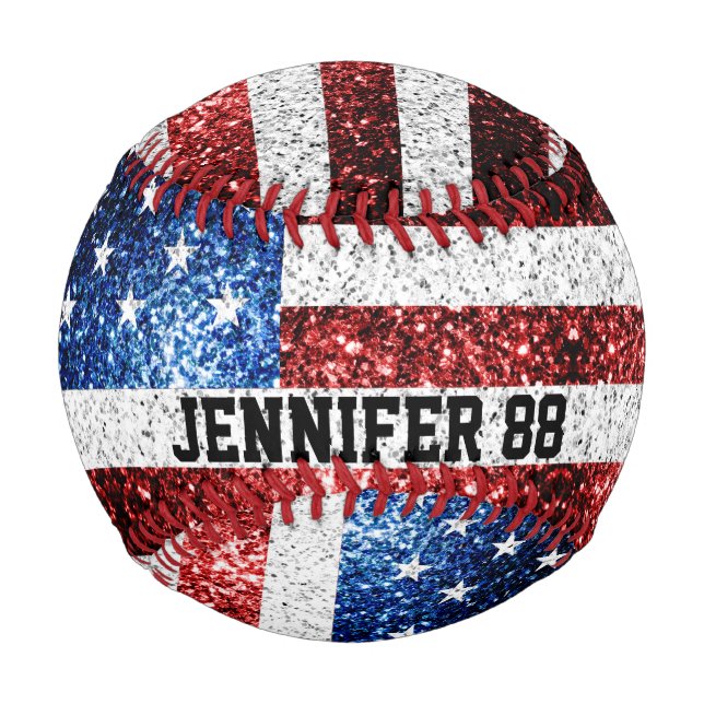 USA flag sparkles bling Custom name and Your Team Baseball (Front)