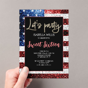 USA flag sparkles Sweet 16 Birthday Lets party Acrylic Invitations