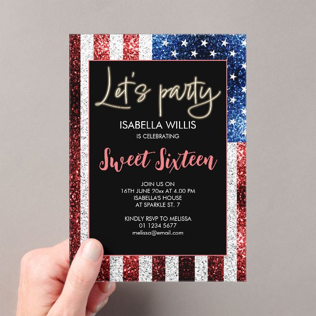 USA flag sparkles Sweet 16 Birthday Lets party Acrylic Invitations (Insitu (Handheld))