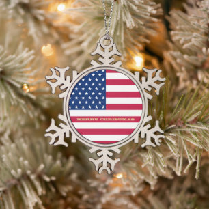 USA Flag Stars Stripes American Patriotic Holiday Snowflake Pewter Christmas Ornament