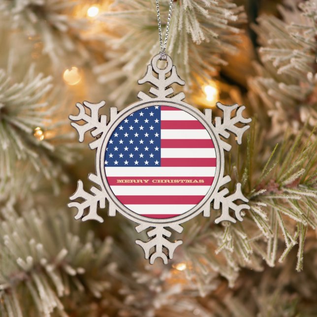 USA Flag Stars Stripes American Patriotic Holiday Snowflake Pewter Christmas Ornament (Tree)
