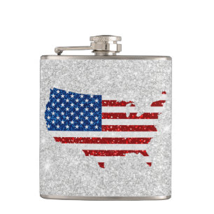 USA Flag Stars & Stripes July 4 Glitter Hip Flask