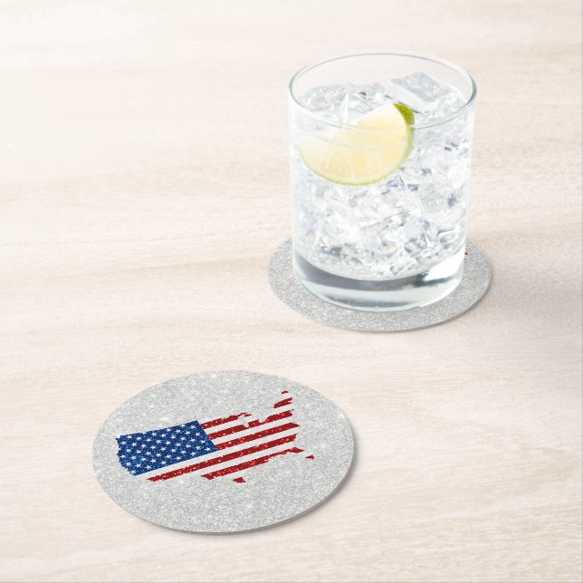USA Flag Stars & Stripes July 4 Glitter Round Paper Coaster (Insitu)