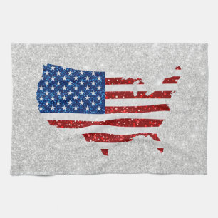 USA Flag Stars & Stripes July 4 Glitter Tea Towel
