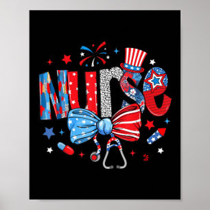 Usa Flag Stethoscope Coquette Bow 4th Of July Rn N Poster