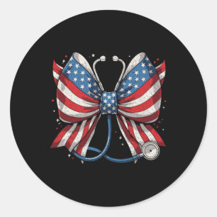 Usa Flag Stethoscope Coquette Bow Rn Nurse 4th Of Classic Round Sticker