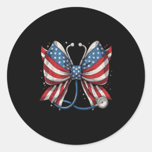 Usa Flag Stethoscope Coquette Bow Rn Nurse 4th Of Classic Round Sticker