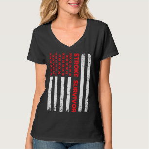 USA Flag Stroke Survivor Awareness Red Ribbon Brai T-Shirt