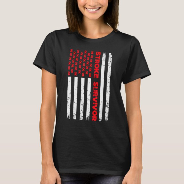 Usa Flag Stroke Survivor Awareness Red Ribbon T-Shirt (Front)