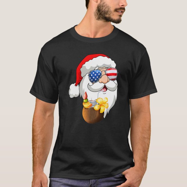 Usa Flag Sunglasses Santa Christmas In July Summer T-Shirt (Front)