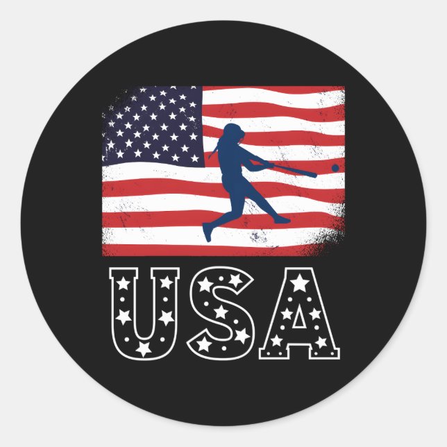 Usa Flag Team Softball 4Th Of July Softball Classic Round Sticker (Front)