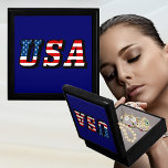 USA Flag Text Trinket Box<br><div class="desc">This product features the colours of the American flag - red, white, and blue. It's a great way to show your love for your country and would be perfect for everyday use or special holidays like the 4th of July, Memorial Day, and Veterans Day. This looks good on any product...</div>